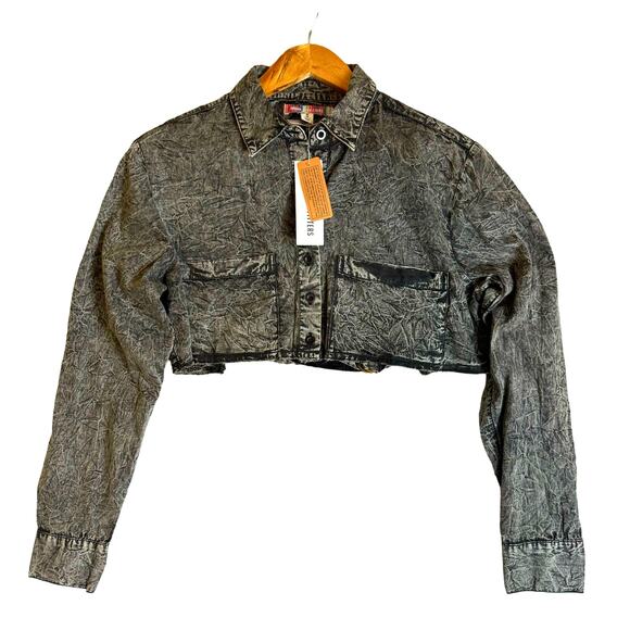 Urban Outfitters Shacket Womens Crop Cutout Denim Shirt Acid Wash Biker Grunge - Picture 1 of 16